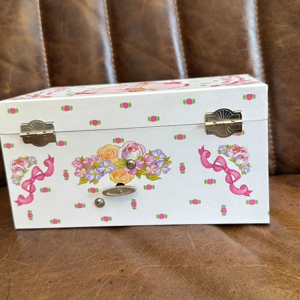 Ballerina Musical Jewelry Box White Pink Floral Vintage Style with Drawer Mirror